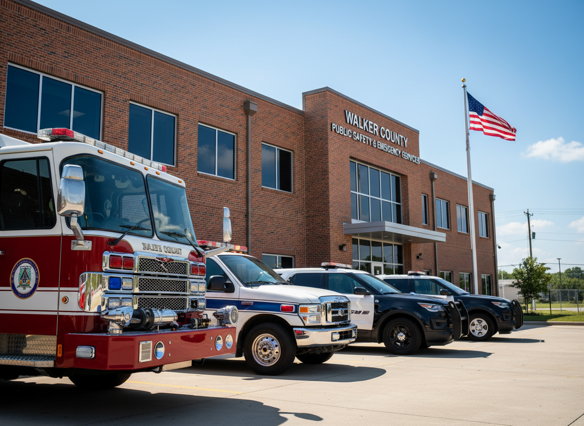 A row of well-maintained emergency service vehicles parked neatly in front of a modern brick public safety building in Walker County, with a clearly visible sign reading “Public Safety & Emergency Services.” The vehicles’ polished surfaces reflect the clear blue afternoon sky, with red and blue light bars gleaming in the sunlight. The building’s clean facade features large windows and an American flag on a tall metal pole, gently angled by a light breeze. Photographed in photographic realism from a slightly low, wide-angle perspective, the composition emphasizes readiness and reliability, with strong horizontal lines and vivid colors creating a sense of security, professionalism, and commitment to public safety.