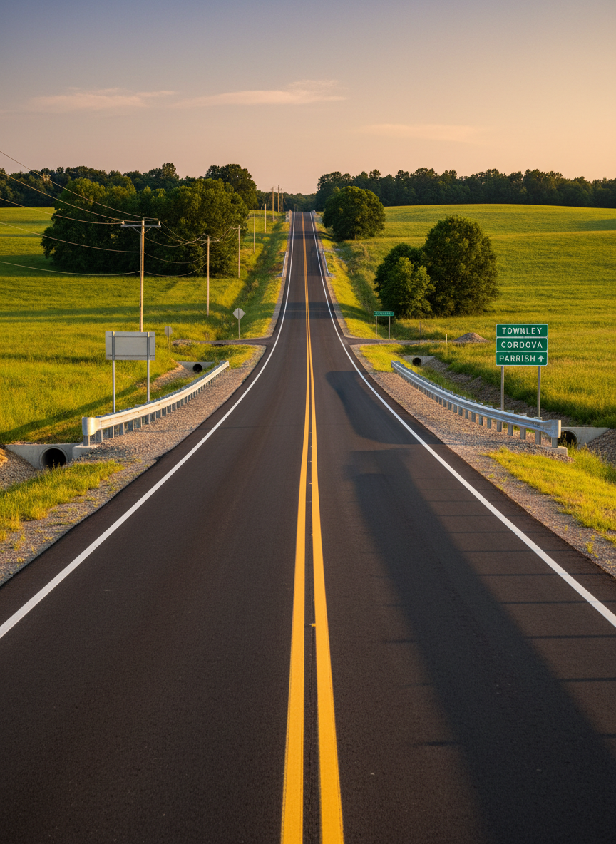 A freshly paved two-lane rural road cutting through gently rolling green hills in Walker County, with newly painted lane markings, modern guardrails, and updated directional signs indicating local town names. The shoulders show tidy drainage ditches and recently installed culverts, emphasizing upgraded infrastructure. Late afternoon golden hour sunlight casts a warm glow across the asphalt and fields, creating long, soft shadows from roadside trees and utility poles. Captured from a low, slightly off-center angle along the road’s edge in photographic realism, the composition leads the eye toward the horizon, conveying progress, momentum, and responsible infrastructure investment with a clean, optimistic atmosphere.