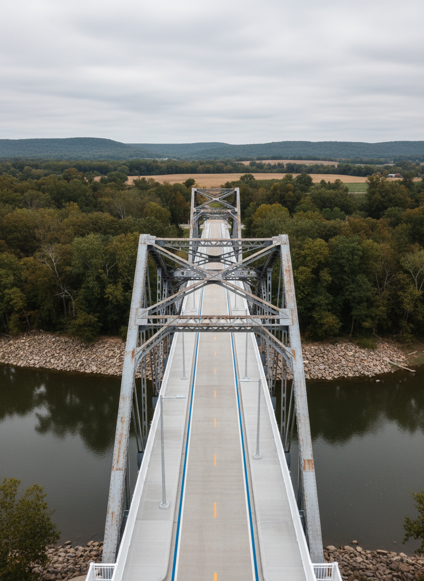 A detailed overhead view of a sturdy metal bridge crossing a calm, tree-lined river in Walker County, featuring freshly painted railings, clearly marked pedestrian pathways, and new LED streetlights mounted at regular intervals. On the riverbanks, neat riprap and reinforced embankments demonstrate careful planning and maintenance. Overcast daylight provides diffused, even lighting with minimal harsh shadows, emphasizing textures of steel, concrete, and water. Photographed in crisp photographic realism from a high, almost aerial angle, the image showcases clear structural lines and symmetry, creating a sense of stability, thoughtful infrastructure design, and long-term investment in local connectivity and safety.