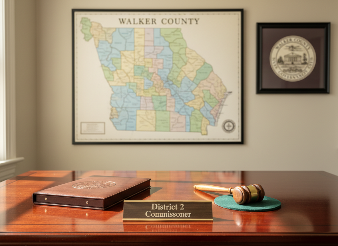 A polished wooden county commission desk with a neatly arranged nameplate reading “District 2 Commissioner,” a leather-bound agenda folder, and a small brass gavel resting on a felt pad. Behind the desk, a large wall map of Walker County with clearly marked districts hangs in sharp focus, alongside a framed seal of the county government. Soft daylight from a nearby window washes across the surface, creating gentle reflections on the varnished wood and subtle shadows behind the objects. Photographed at eye level in clean, photographic realism, with a slightly shallow depth of field that keeps the desk crisp while the map and seal blur just enough to create a professional, trustworthy atmosphere suitable for a local campaign homepage hero image.