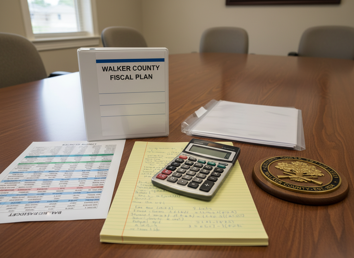 A neat wooden conference table in a small county government meeting room, covered with carefully arranged documents: a balanced budget spreadsheet printed in color, a binder labeled “Walker County Fiscal Plan,” and a calculator resting atop a legal pad filled with handwritten notes and figures. Beside them, a modest county seal plaque and a stack of transparent folders symbolize organizational clarity. Soft overhead fluorescent lighting and a nearby interior window create an evenly lit, neutral environment with gentle shadows along the paper edges. Shot at a slightly elevated angle in realistic photographic style, with sharp focus on the numbers and labels, the scene feels disciplined, transparent, and fiscally responsible, ideal for illustrating careful stewardship of public funds.